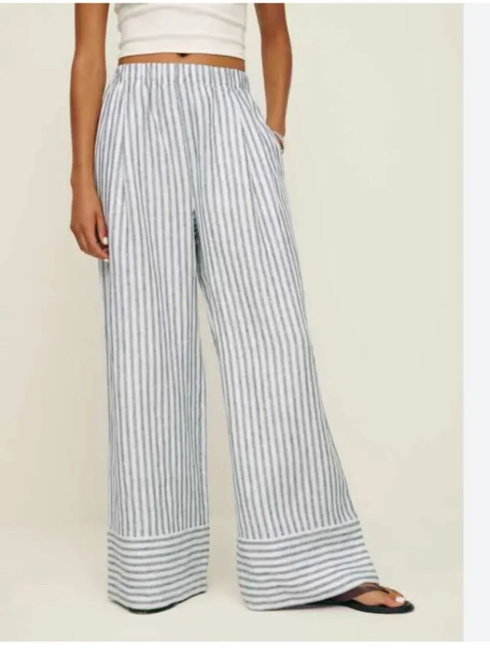Reformation Fernando Linen Wide-Leg Trouser Pants white blue stripe s small